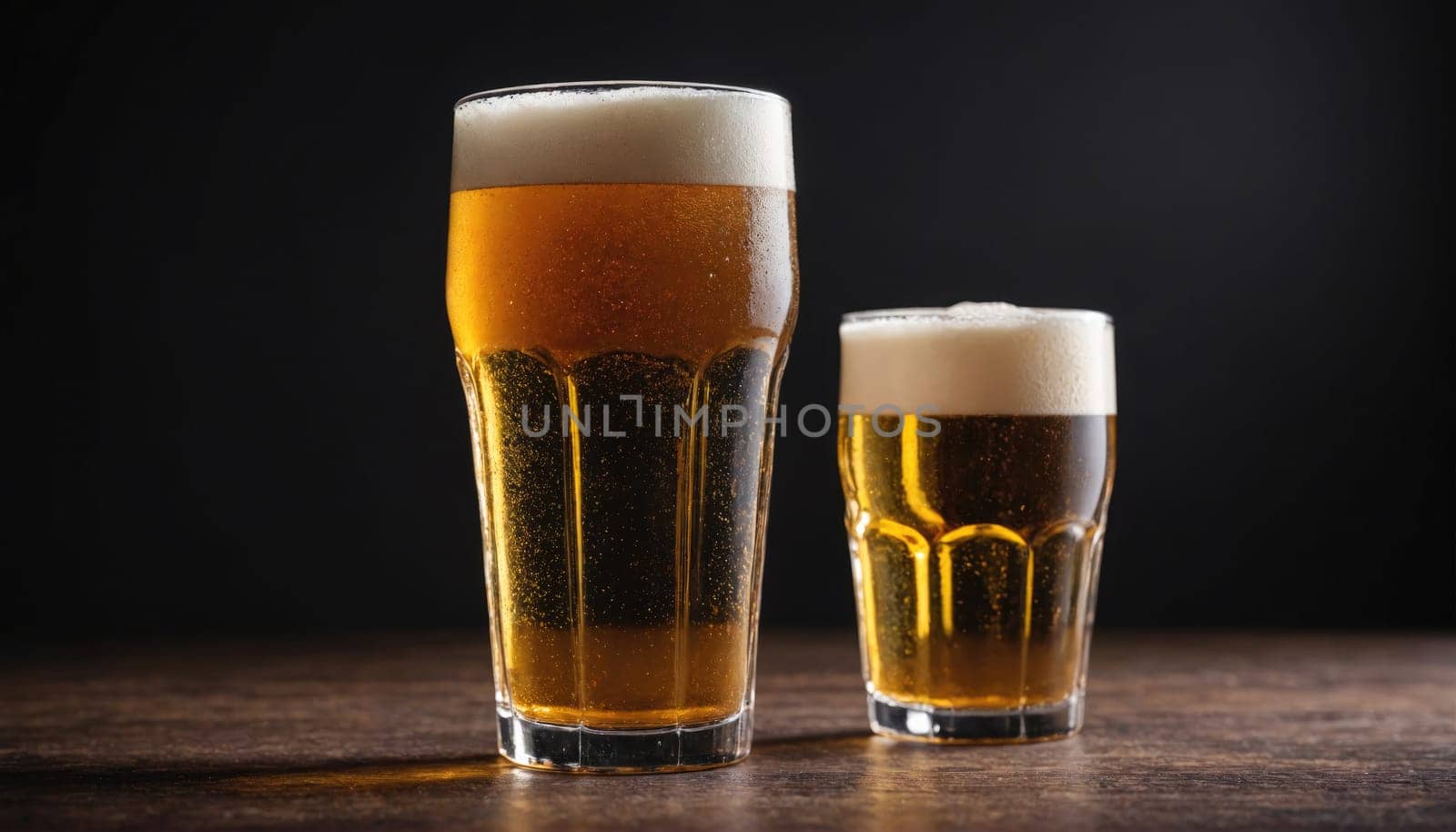 Two glasses of beer with white foam tops are on a wooden table against a dark background. The glass on the left is taller than the glass on the right.