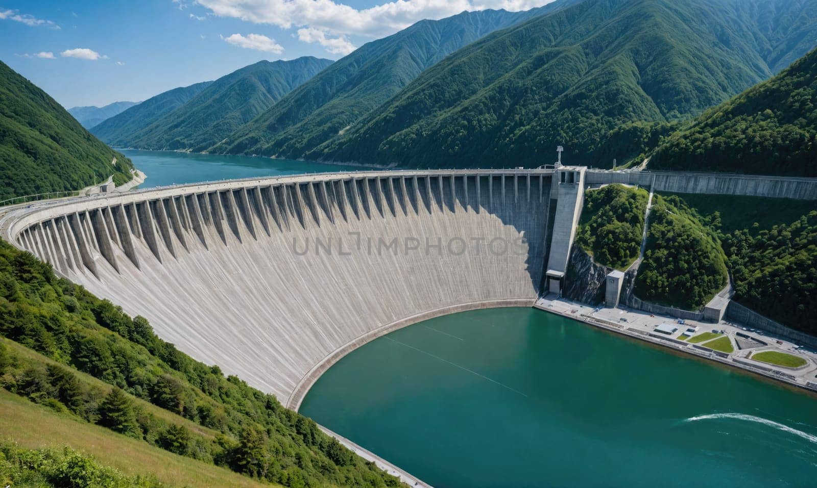 A large dam with a curved face is situated on a body of water, with rolling green hills surrounding it.