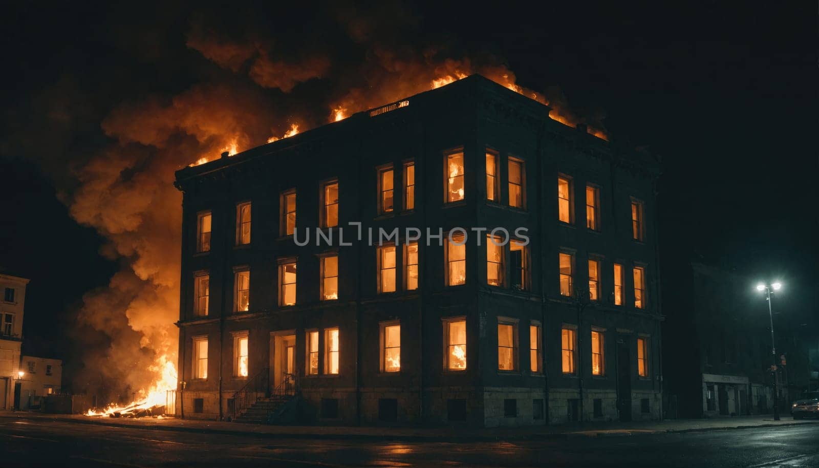 A building on fire with flames and smoke coming from the windows and roof. The building is dark and the only light is coming from the fire.