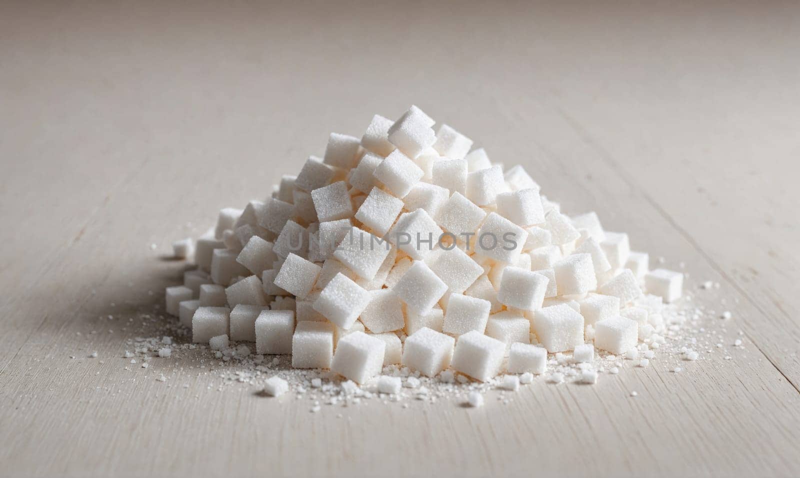 A large pile of white sugar cubes are spread out on a wooden surface. Some of the sugar cubes have fallen apart, leaving a trail of granulated sugar.