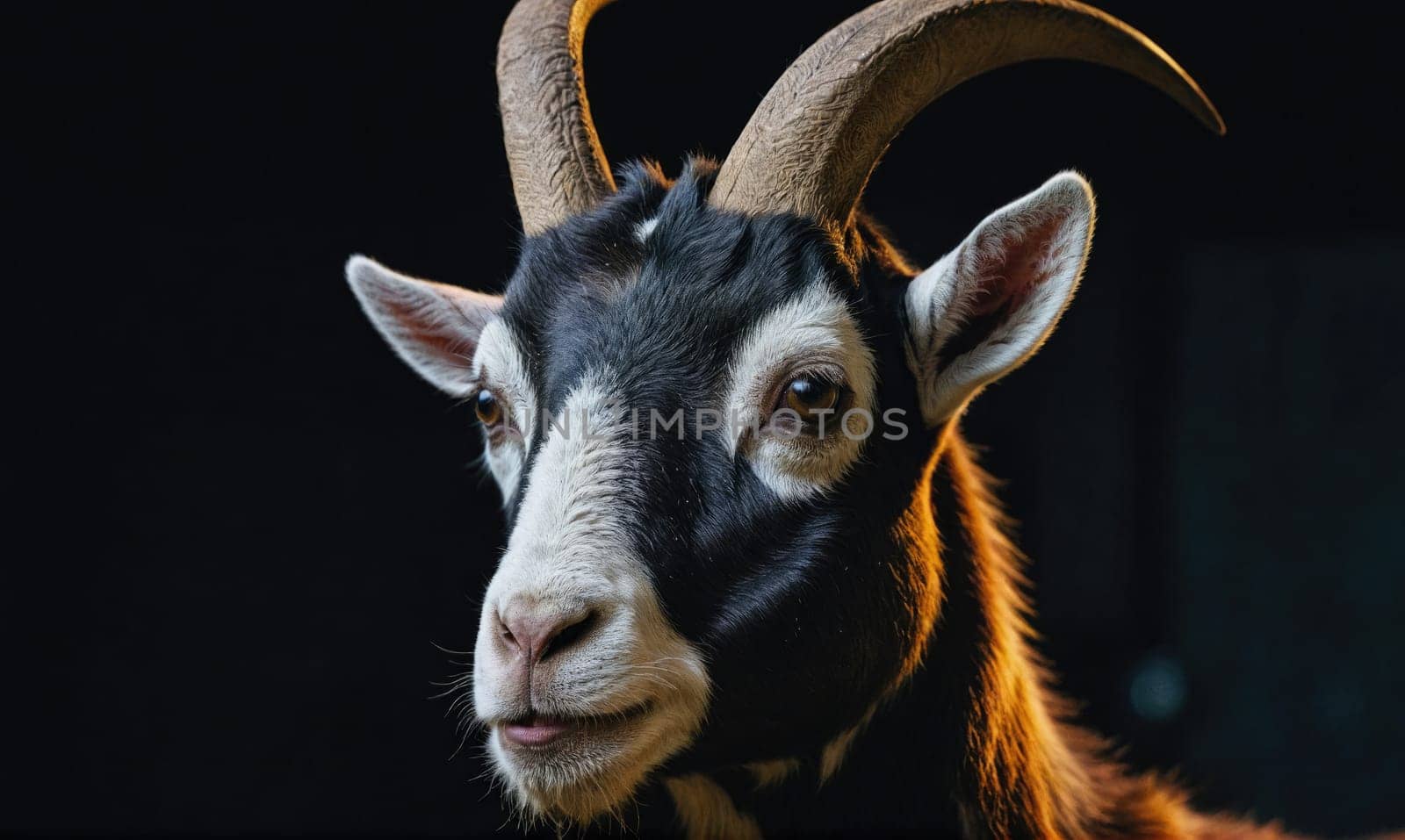 A black and white goat with long, curved horns looks intently at the camera. The goat's fur is soft and fluffy, and its eyes are bright and alert.