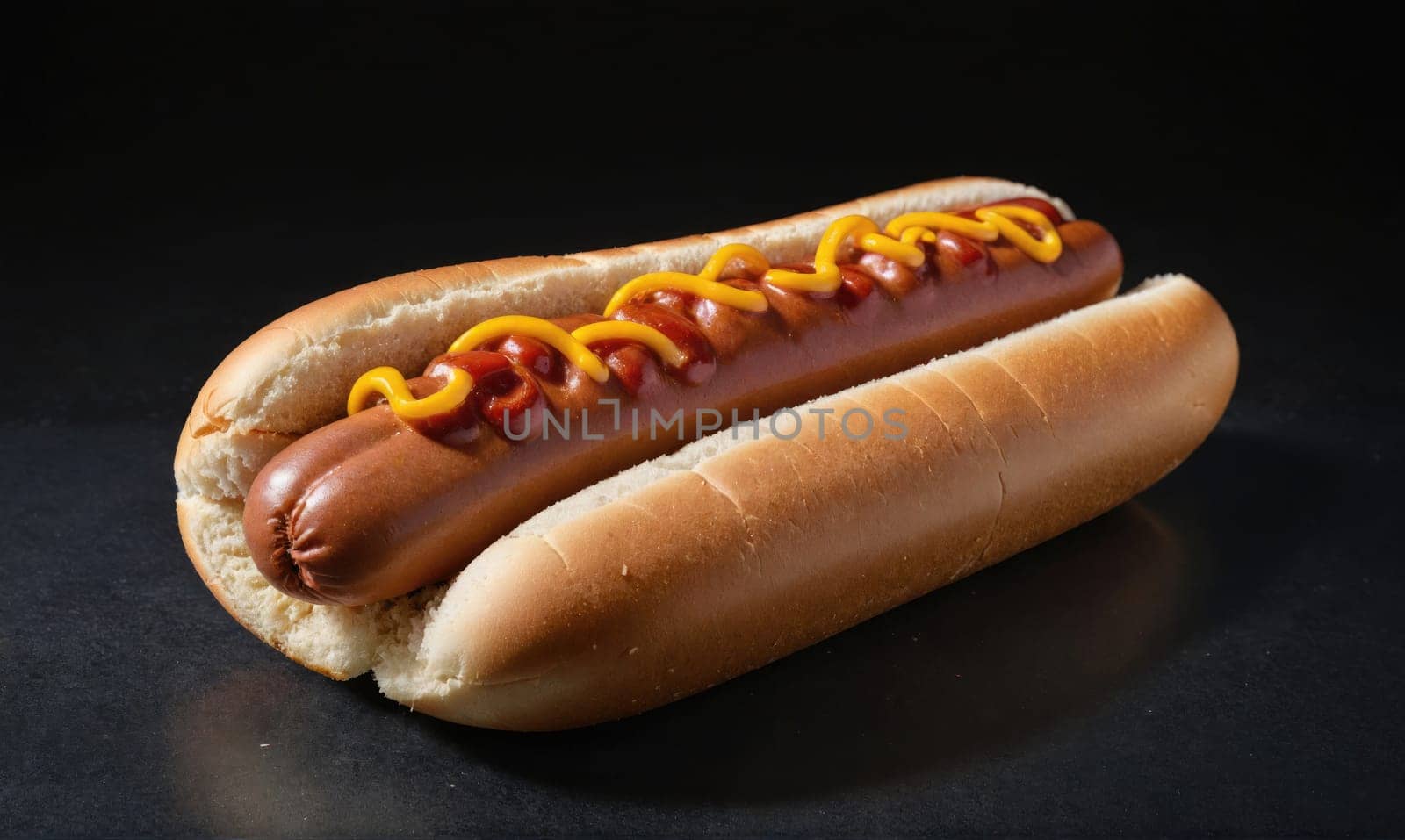A single hot dog in a bun is pictured on a dark surface. The hot dog is topped with yellow mustard and a brown condiment, possibly relish.