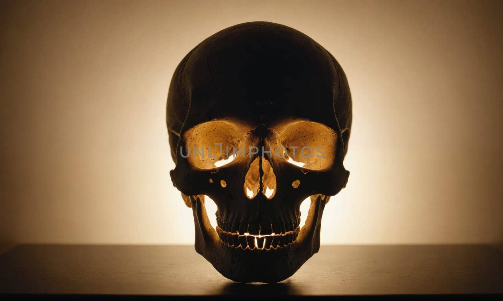 A human skull rests on a table, illuminated from behind by a warm light. The skull's eye sockets and teeth are visible. The background is a soft, warm color.