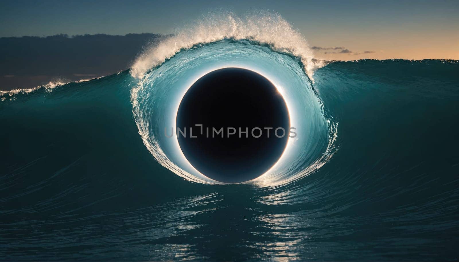 A large, powerful wave breaks in the ocean, creating a dark, circular shape in the center of the wave as the sun rises on the horizon.