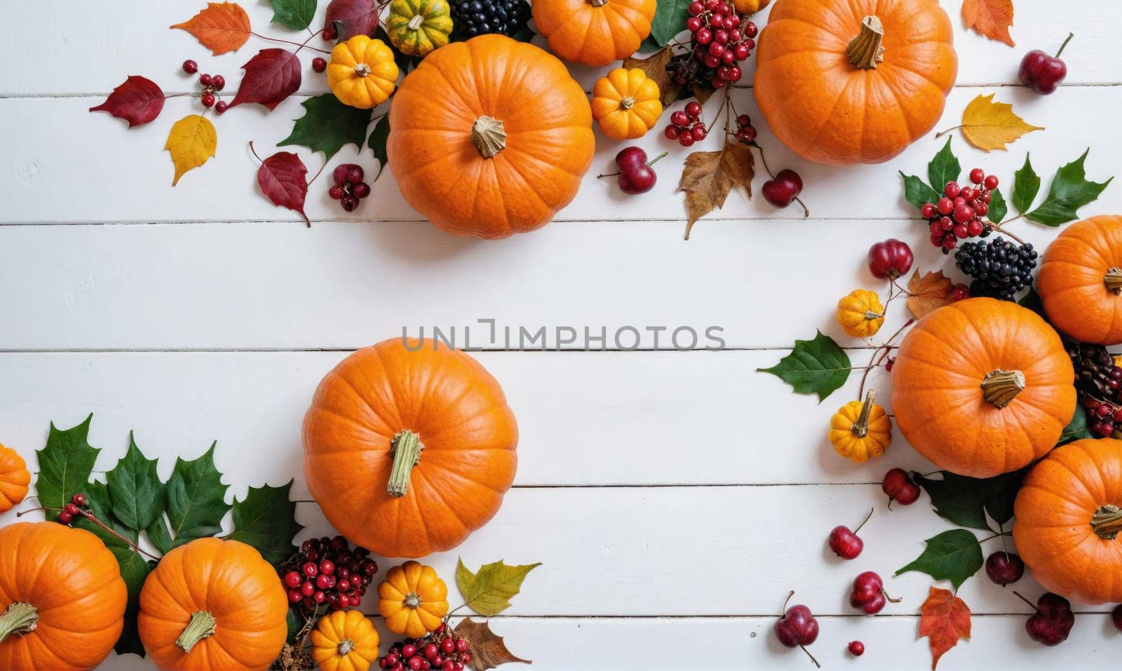 Several pumpkins of varying sizes, some with stems and leaves, are placed on a white wooden background. Small red berries, fall leaves, and green foliage surround the pumpkins.