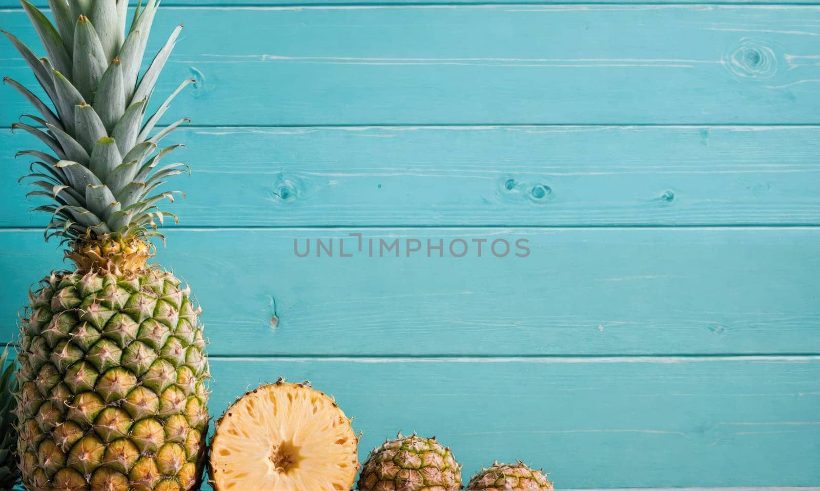 A whole pineapple with green leaves sits next to a sliced pineapple and two small pineapples against a blue wooden backdrop.