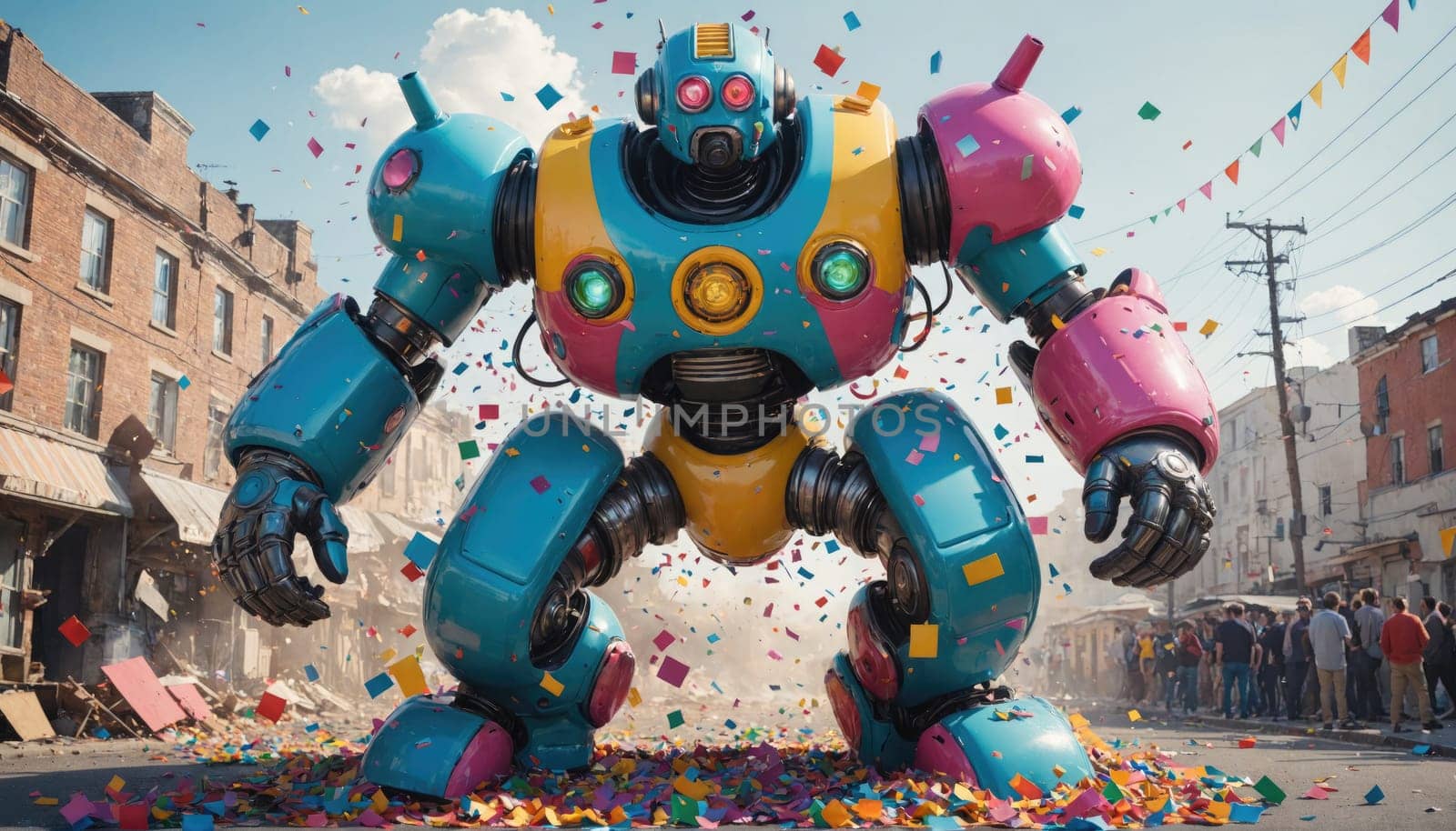 A large, colorful robot walks through a city street. It is wearing a pink, yellow, and blue suit of armor. Confetti falls from the sky, covering the street in a colorful layer.