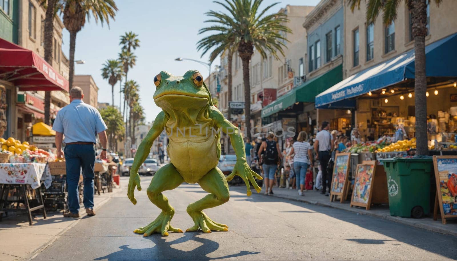 A green frog statue stands in the middle of a city street. There are people walking by in the background and a produce stand with fruit on display. Palm trees line the street.