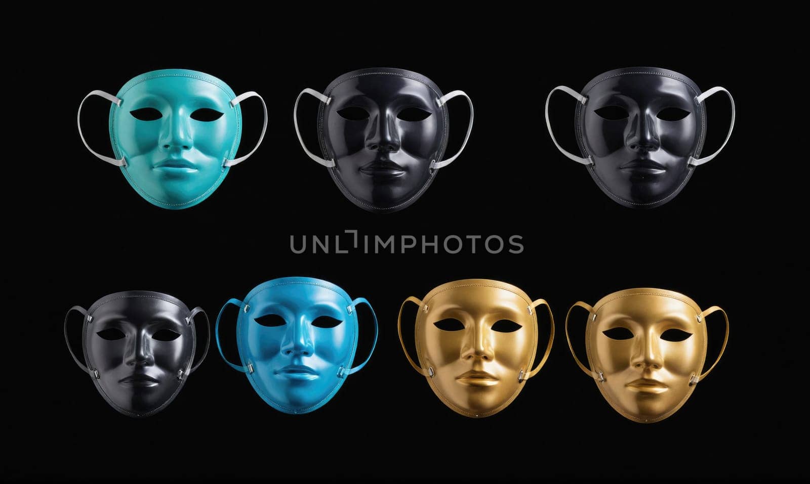 A collection of six different colored masks with female facial features are shown against a black background. They are all the same shape and style.