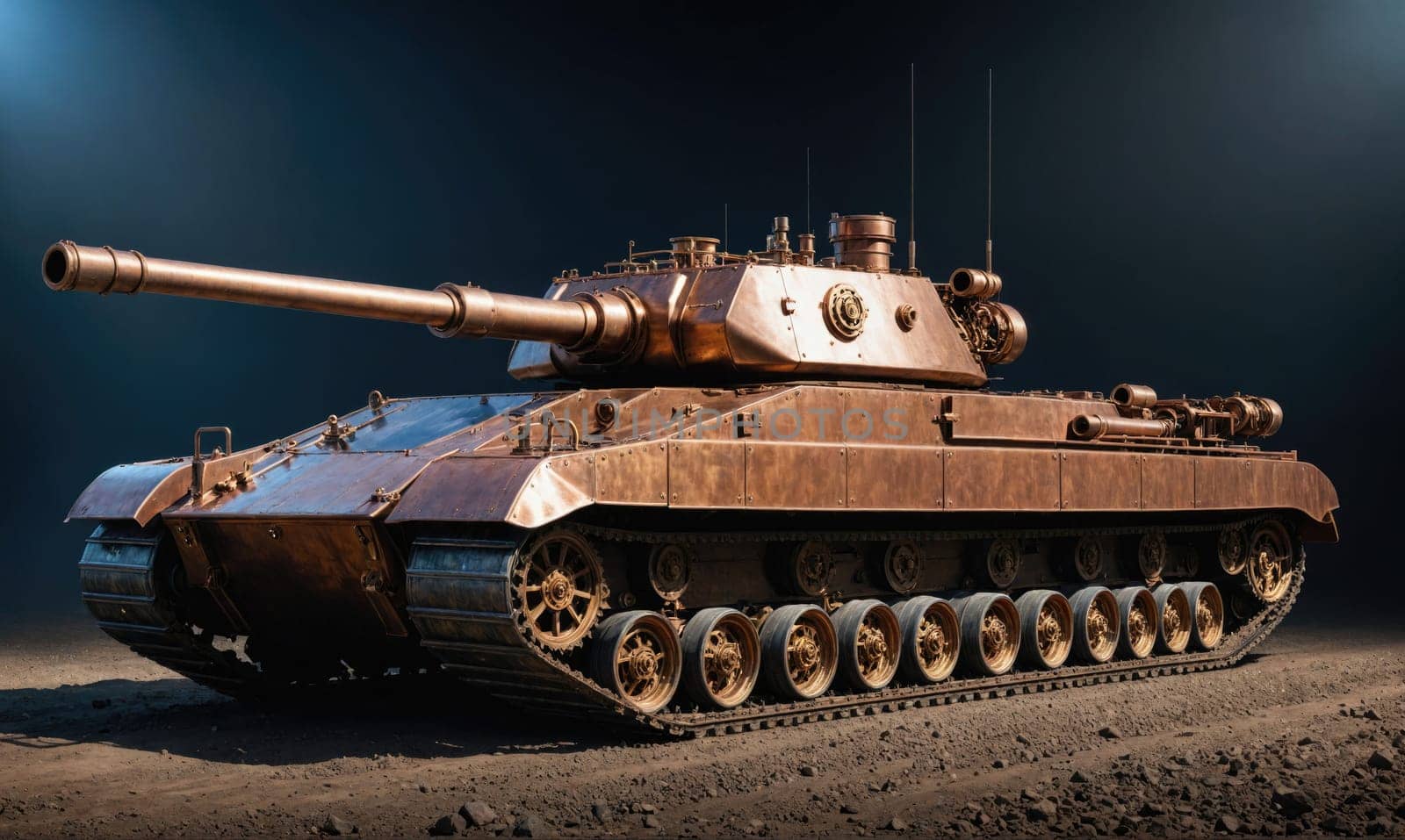 A large tank with a long barrel sits on a dirt track. The tank is made of metal and has a dark brown color. The tank is facing to the left, and its barrel is pointing straight ahead.
