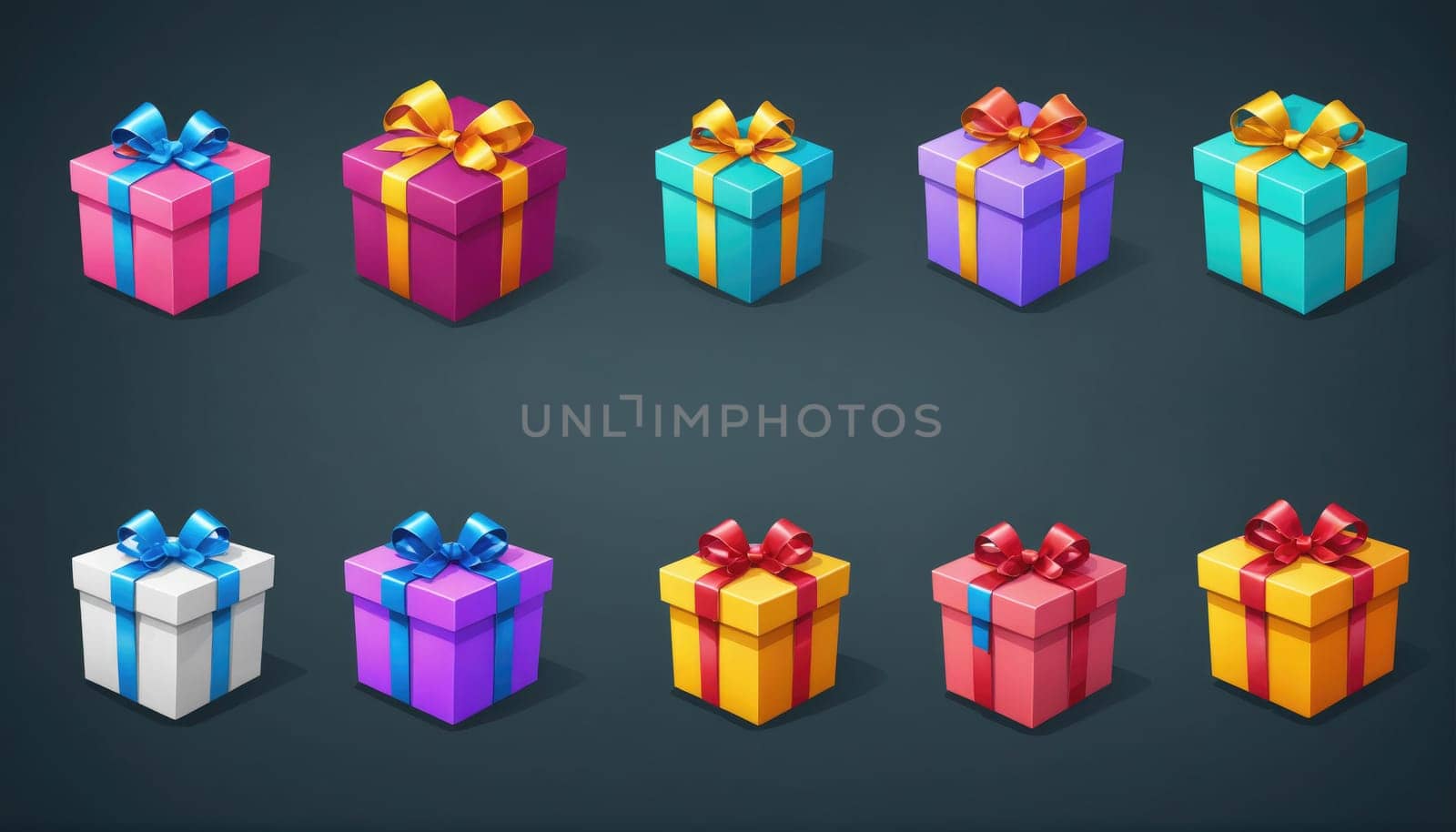 Ten wrapped presents in various colors and ribbon combinations are displayed in two rows on a dark blue background.