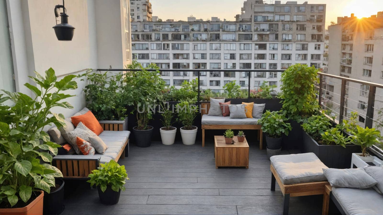 A rooftop patio with gray lounge furniture, potted plants, and an outdoor table with a view of the city in the background.