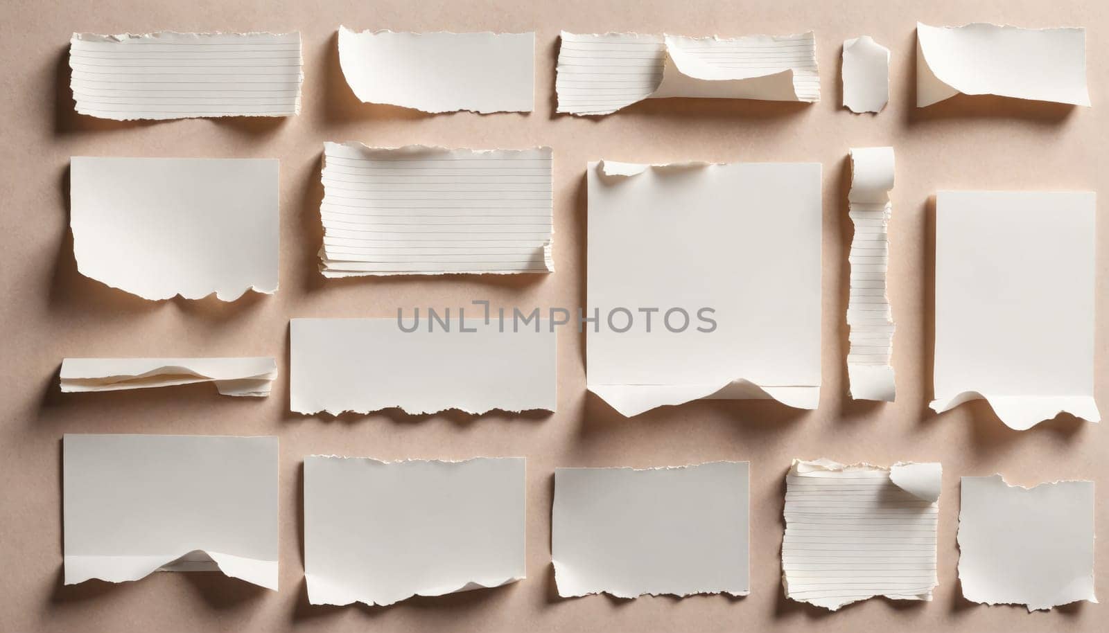 A flat lay of torn white pieces of paper, some with lines, on a light brown background.