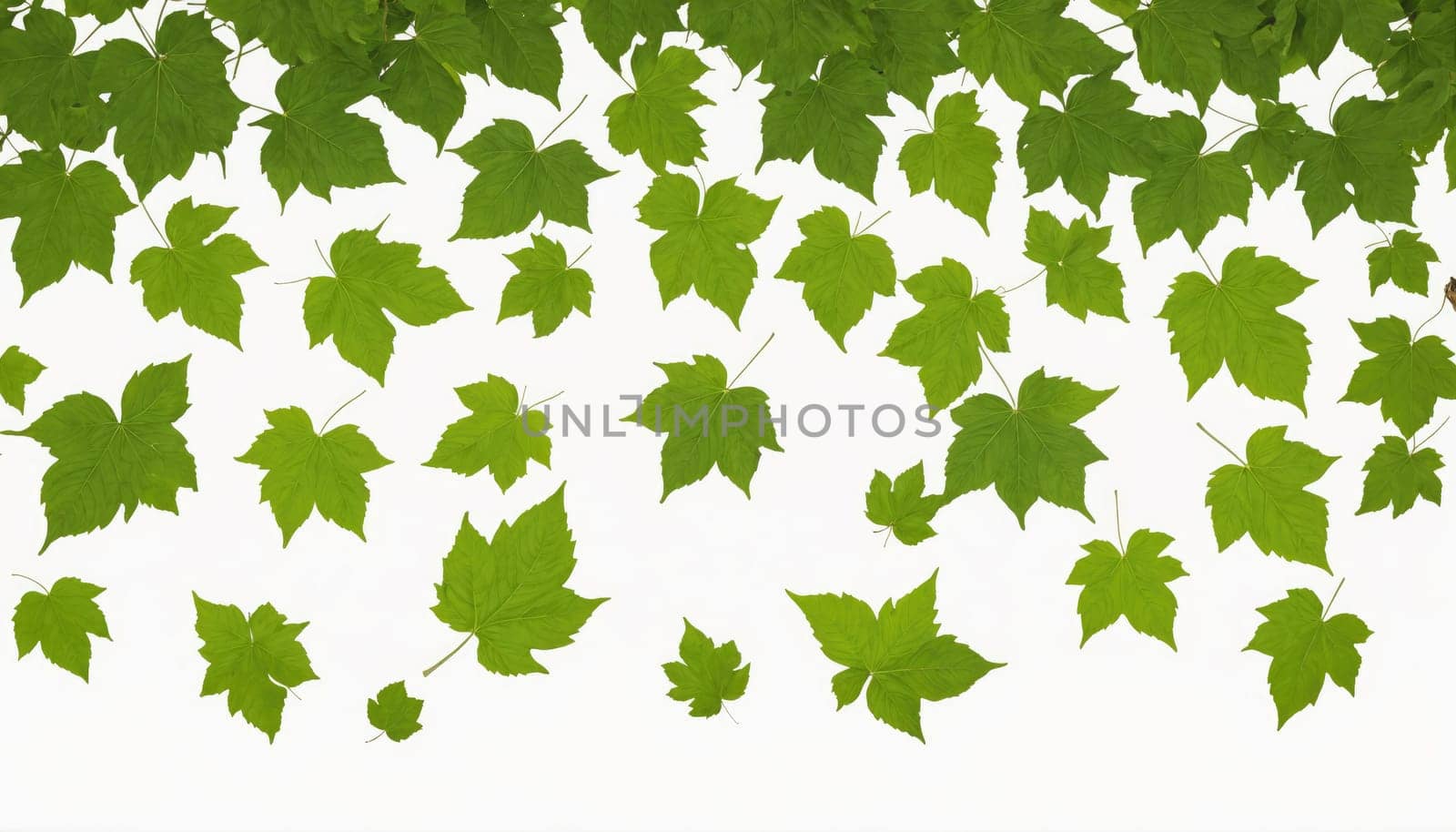 A white background with many green leaves falling down in different sizes and positions.