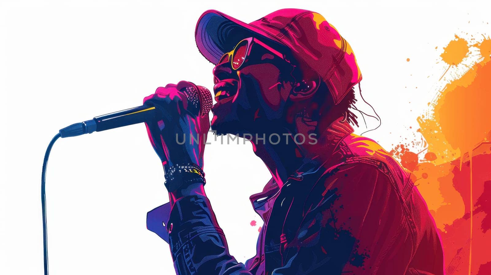 A rock singer sings on stage with a microphone on a white background. A singer with a microphone highlighted on a white background.