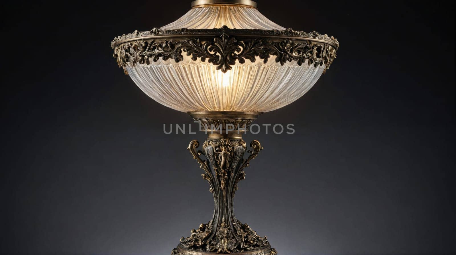 A large, ornate lamp with a clear glass shade rests on a dark surface. The lamp is made of brass and has a decorative base with a scrolled design.