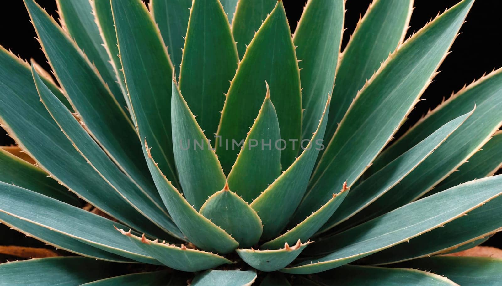 A close-up image captures the intricate detail of an agave plant's leaves. The sharp, green leaves radiate outwards from the center, showcasing the plant's unique texture and form.