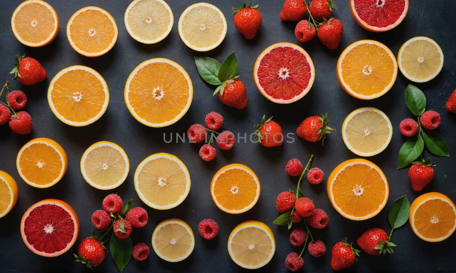 Sliced citrus fruits, including oranges, lemons, and grapefruits, are arranged on a black surface, interspersed with strawberries and raspberries.