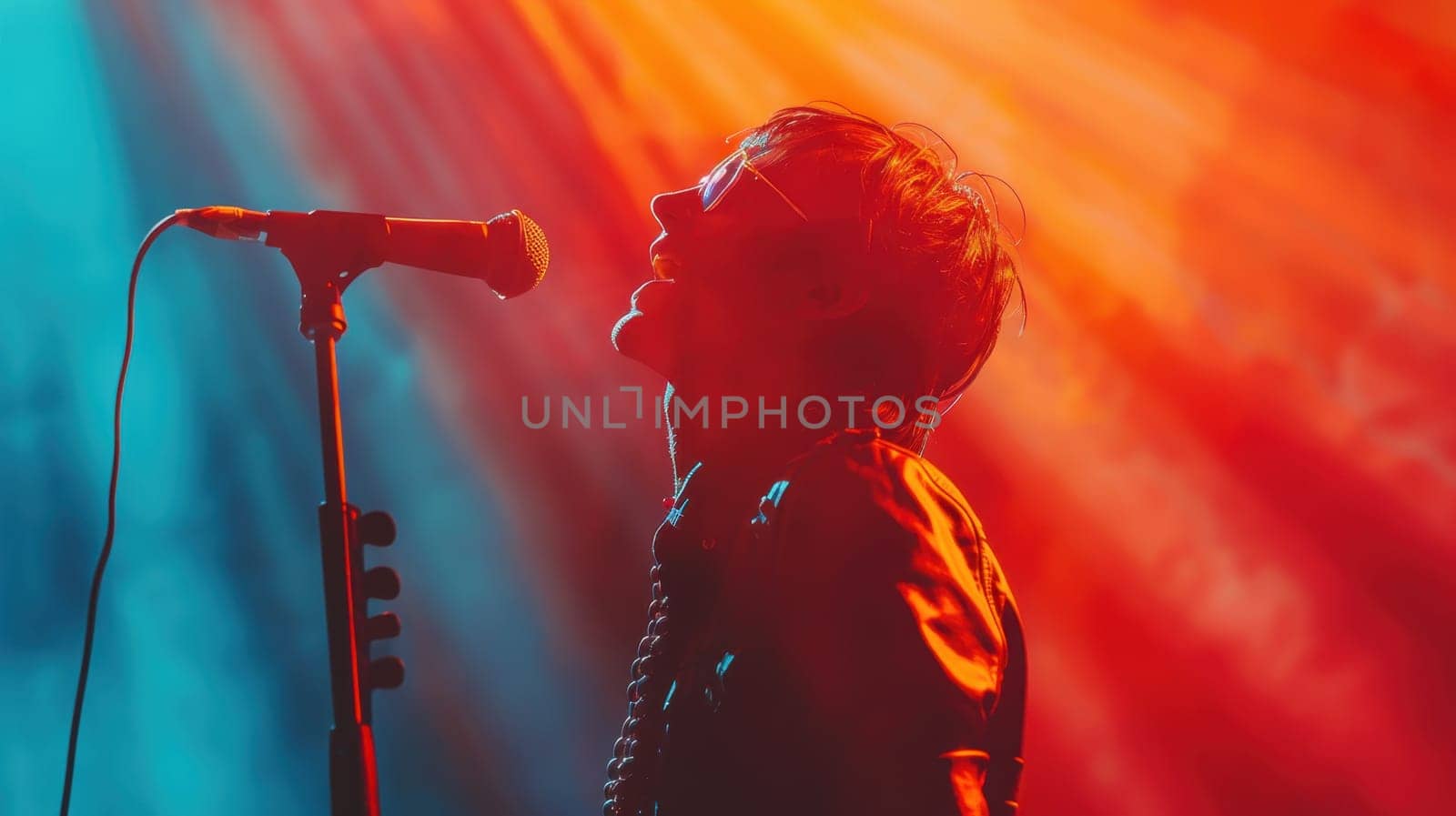 A rock singer singing on stage with a microphone. The musician performs on stage.