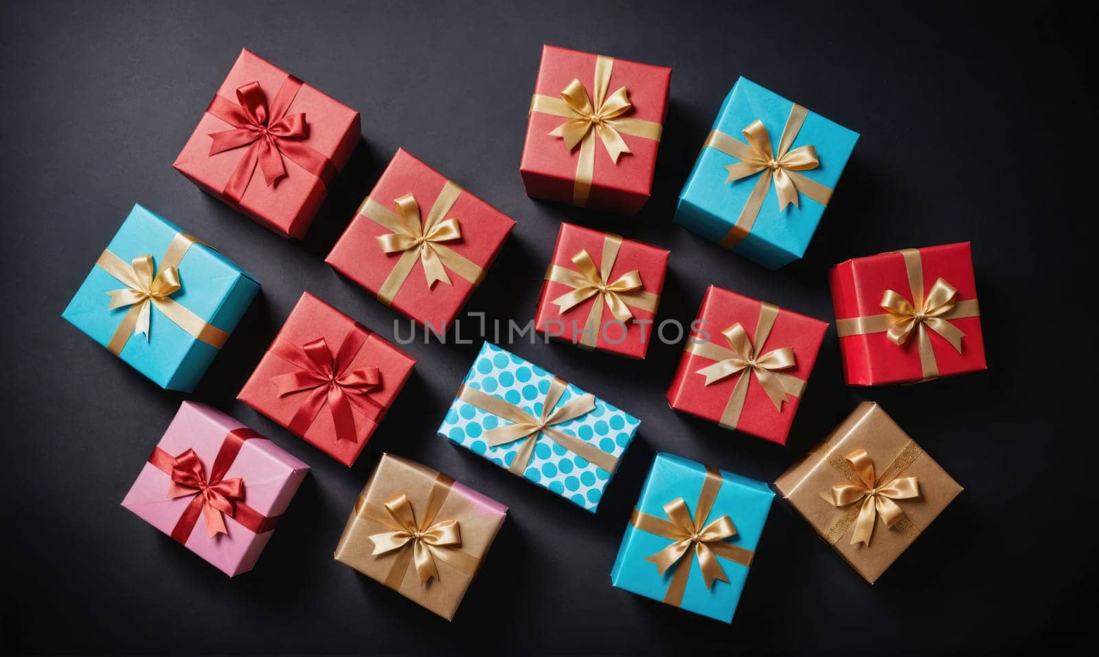 A flat lay of 12 wrapped presents in red, blue, gold, and pink. Each gift has a bow and a gold ribbon. They are arranged in a random pattern on a dark background.