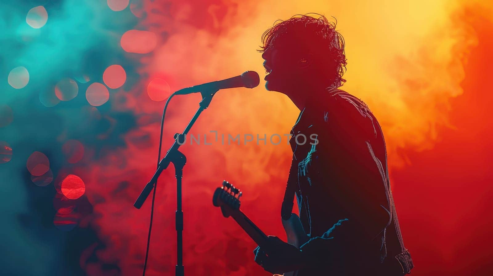A rock singer singing on stage with a microphone. The musician performs on stage.