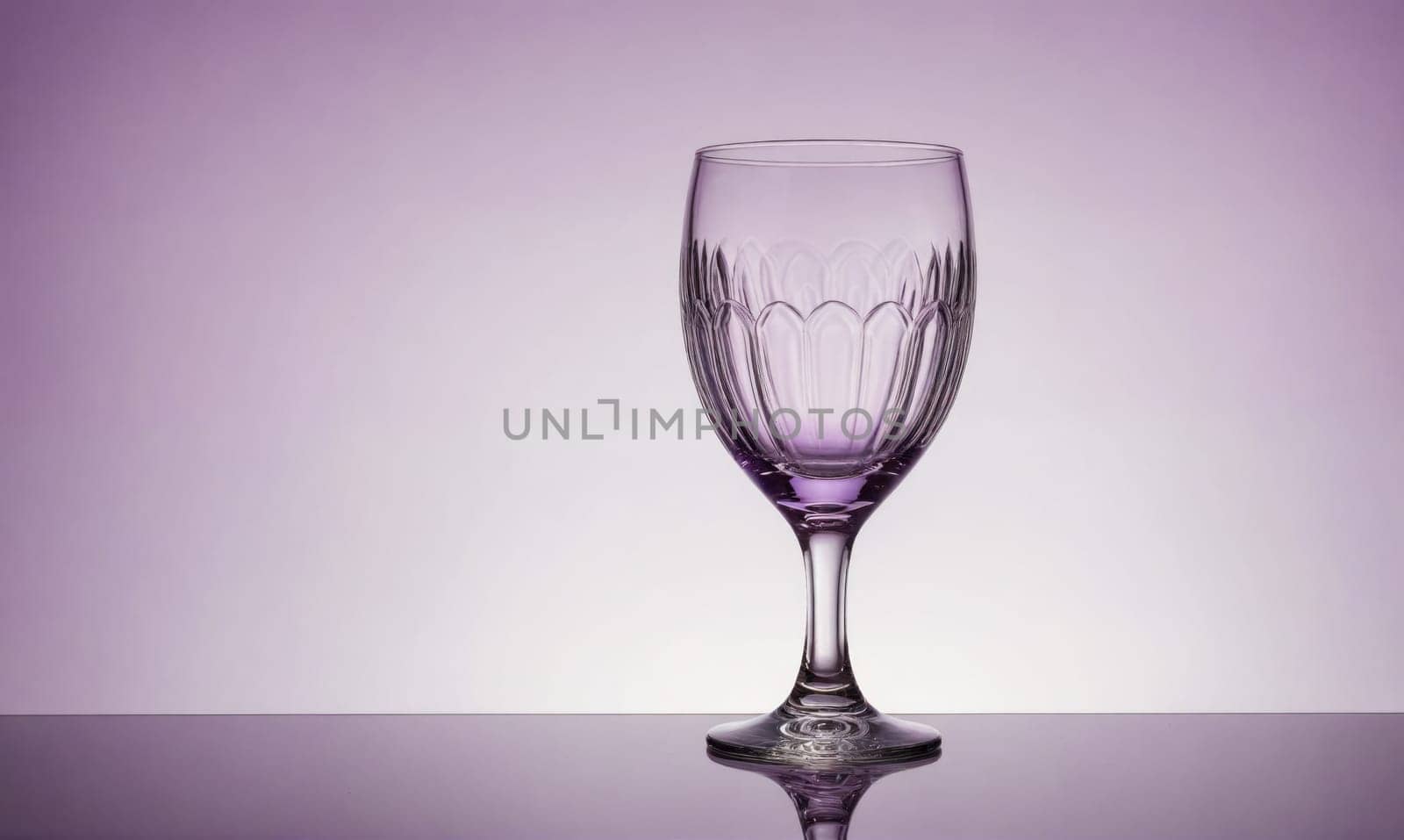A clear glass with a stem and a wide bowl sits on a reflective, purple surface. The background is a light lavender shade.