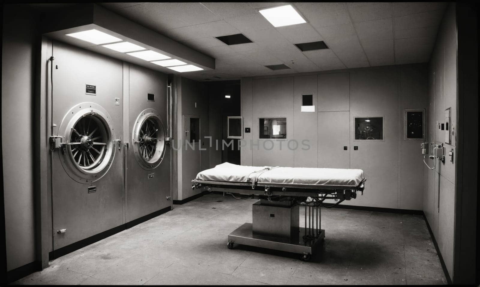 A room with an empty medical examination table in the center. Large vents, similar to those found in laundry rooms, are situated on the left-hand side of the room.