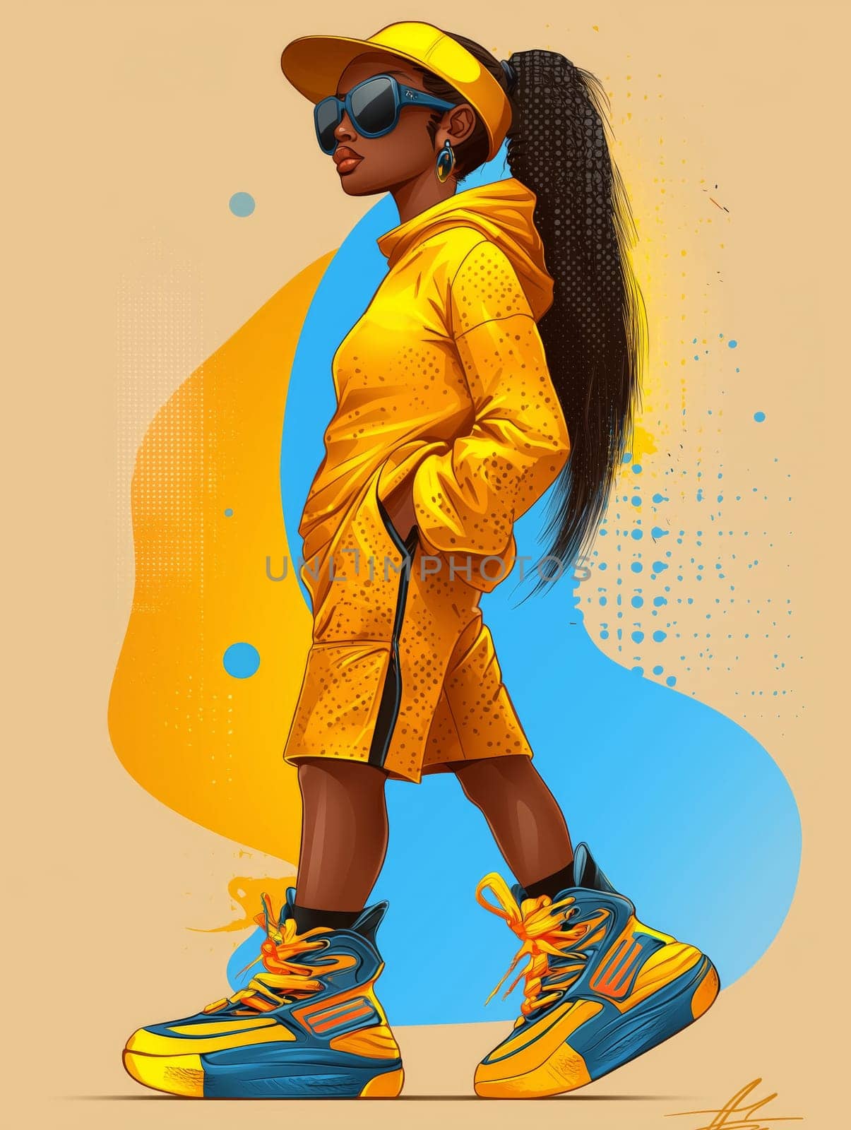 Bold illustration of a young woman dressed in yellow and blue streetwear, featuring oversized sneakers and accessories, embodying modern urban fashion and confidence.