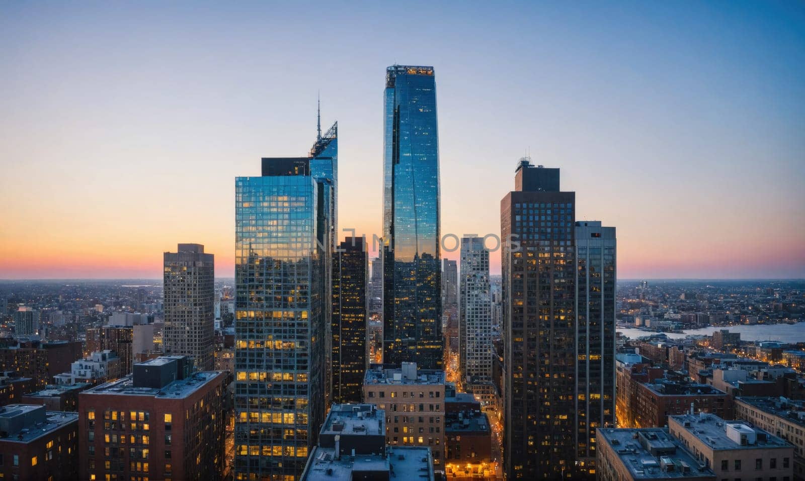 Tall skyscrapers stand tall against a bright blue sky, with a hint of pink from the setting sun. The city below is a maze of smaller buildings.