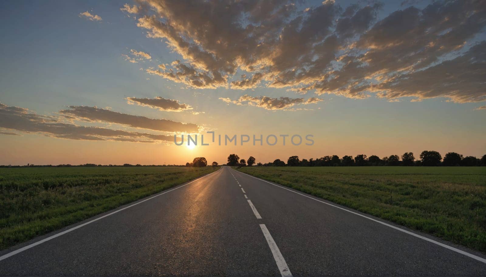 A long, paved road leads through a grassy field towards a bright sunset. The sky is filled with fluffy clouds and the sun is low on the horizon.