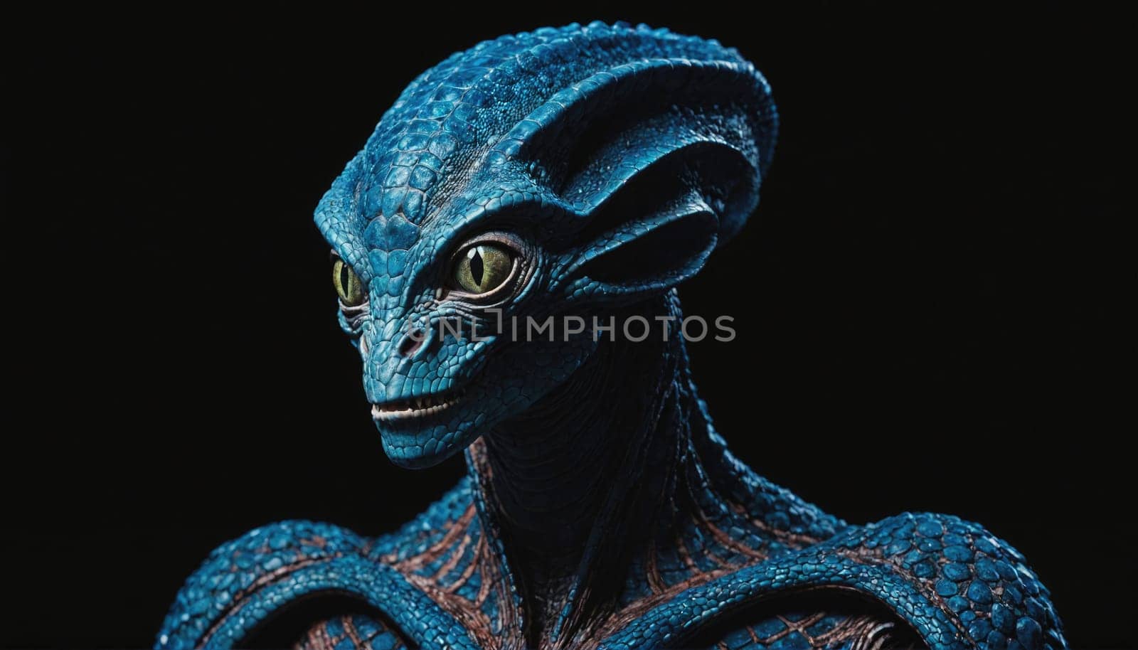 A close-up portrait of a blue alien with large, wide eyes, with a black background. The alien has reptilian features and appears to be looking directly at the viewer.