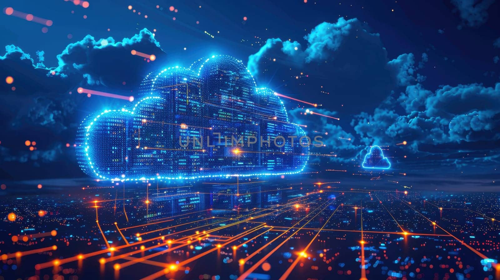 Cloud storage. Cloud service technologies with a digital cloud label. Illustration.