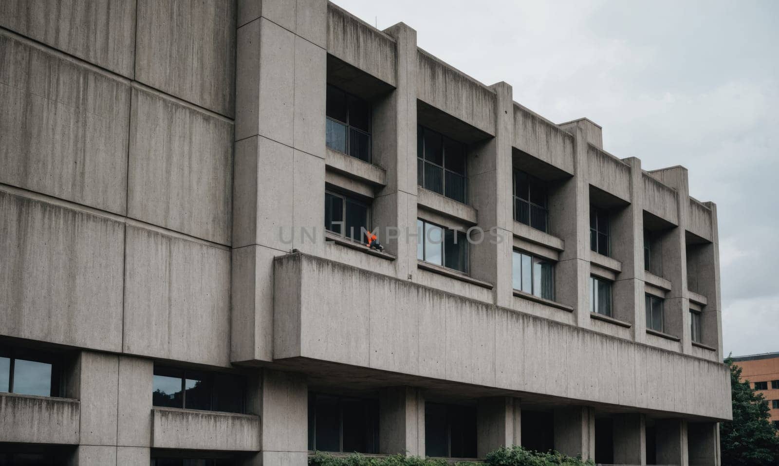 A large, multi-story concrete building with numerous windows and a wide balcony.