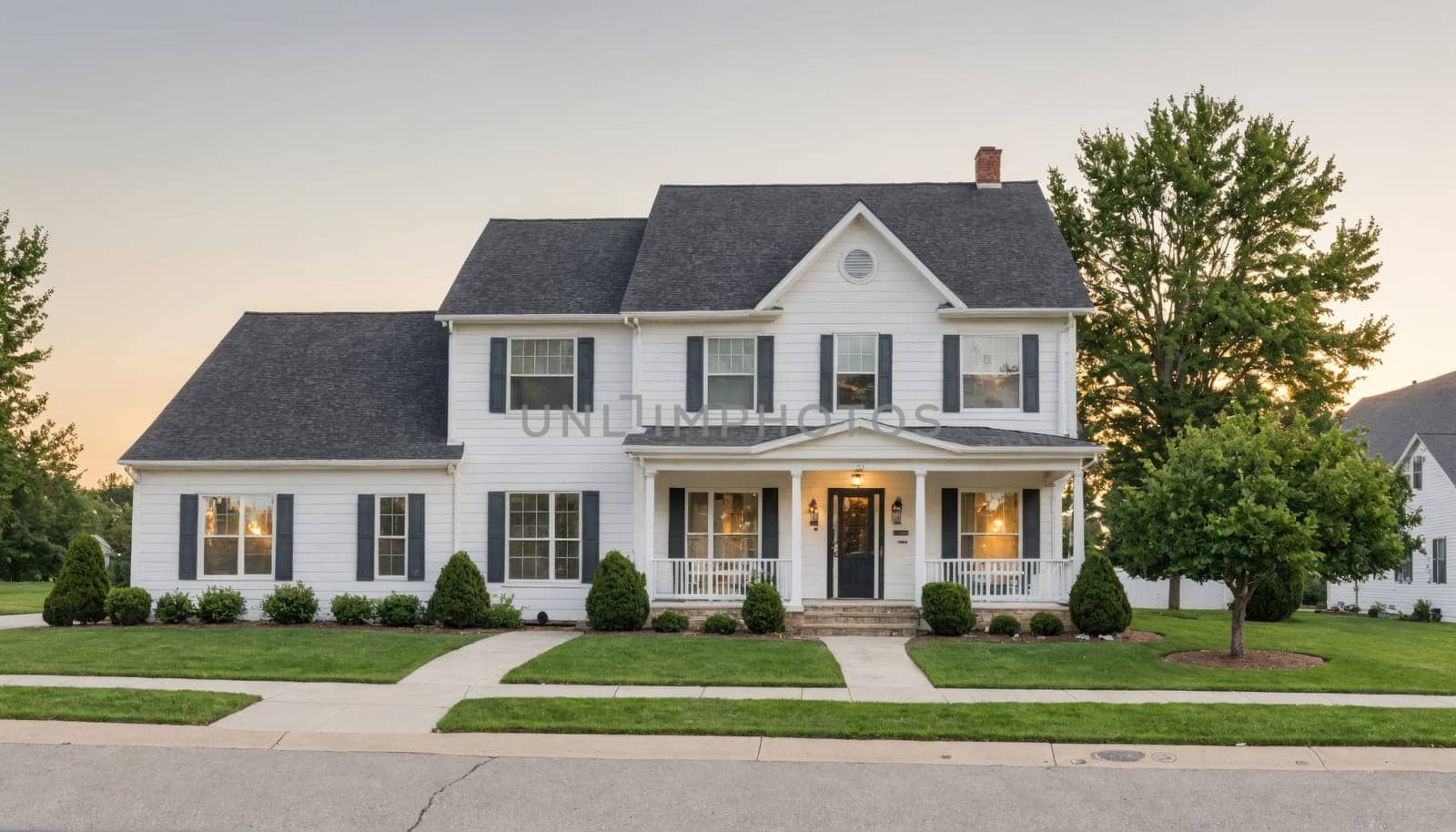 A two-story, white house with black shutters and a black roof sits on a suburban street. The house has a large front porch with white columns and a black front door.