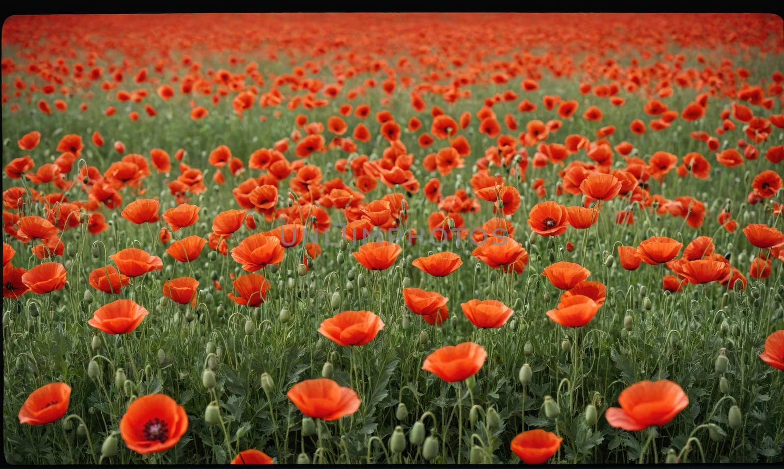 A field of red poppies, with their bright red petals and green stems, bloom in a field of green grass. The sun shines brightly on the flowers, making them appear even more vibrant.