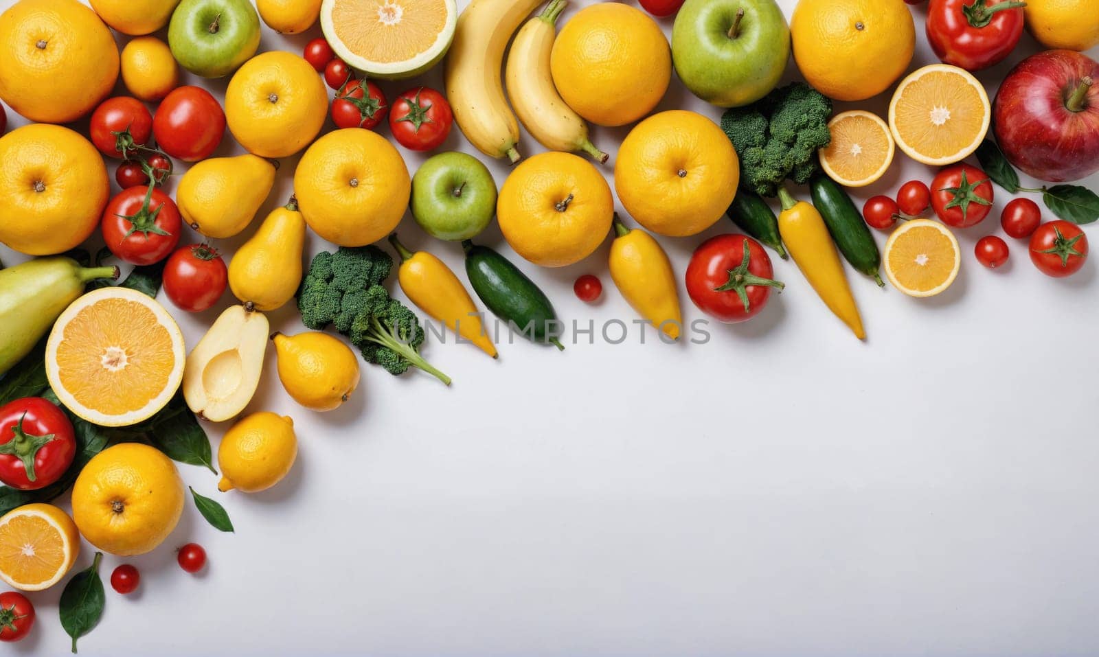 Fresh fruits and vegetables, including apples, oranges, pears, tomatoes, bananas, and broccoli, are arranged in a curve on a white background, leaving space for text.