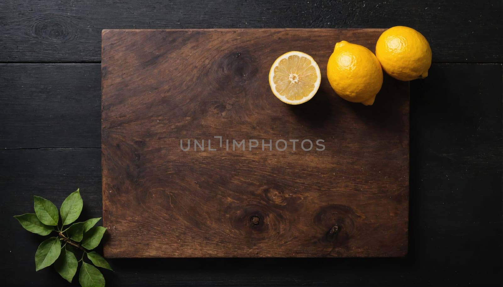 A wooden cutting board rests on a black surface. Three lemons are arranged on the cutting board. The lemons are yellow and appear fresh.