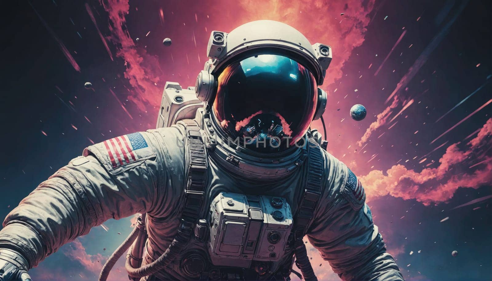 A close-up of an astronaut in a white spacesuit, wearing a helmet with a dark visor. They are floating in space with their arm outstretched, with a pink nebula behind them.