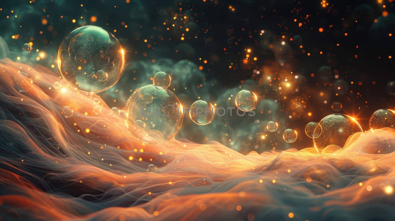 soap bubbles on a dark background. Mesmerizing balloons filled with night air with shimmering surface.