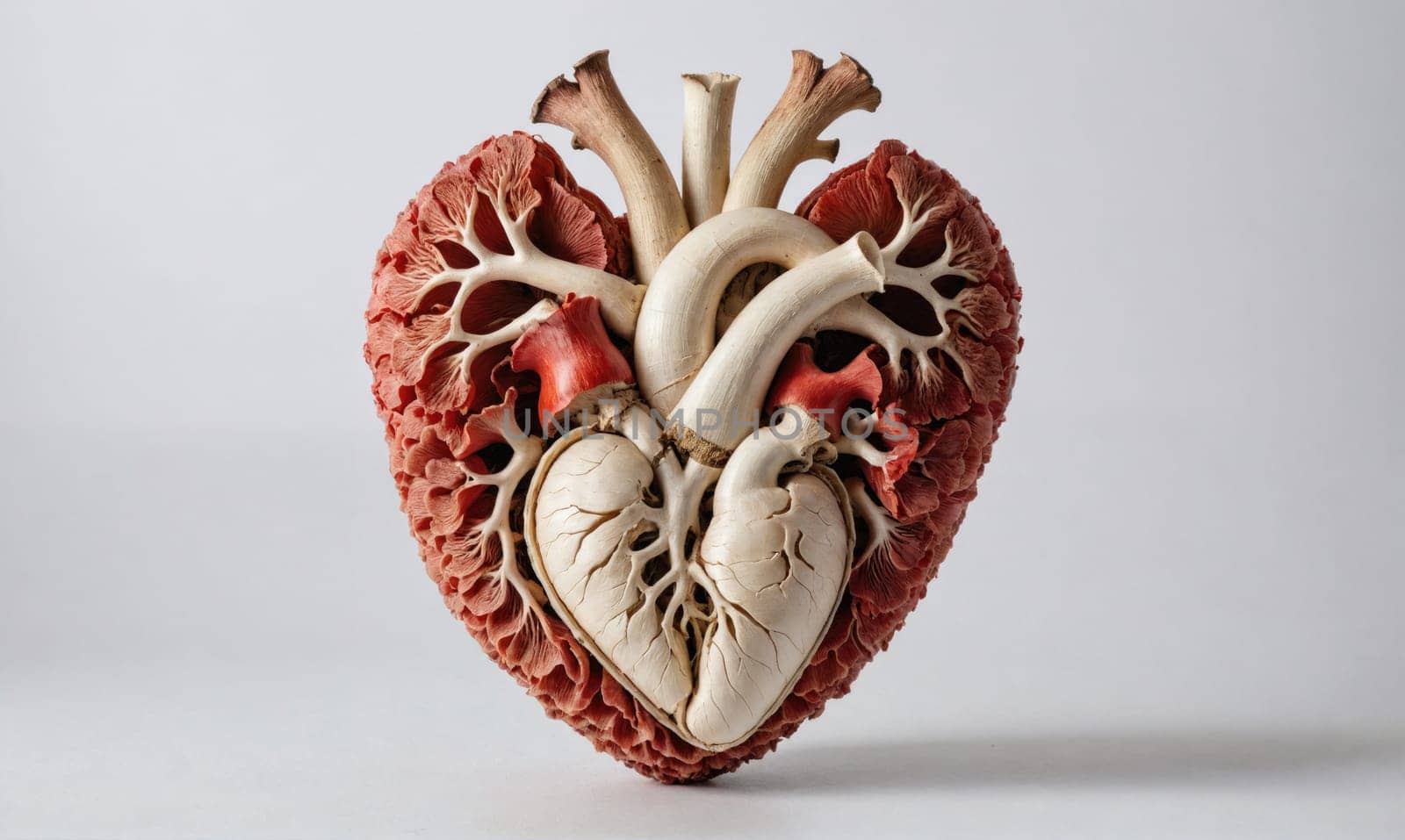 A detailed model of a human heart, displayed on a white background, shows the chambers, valves, and vessels in a three-dimensional form.