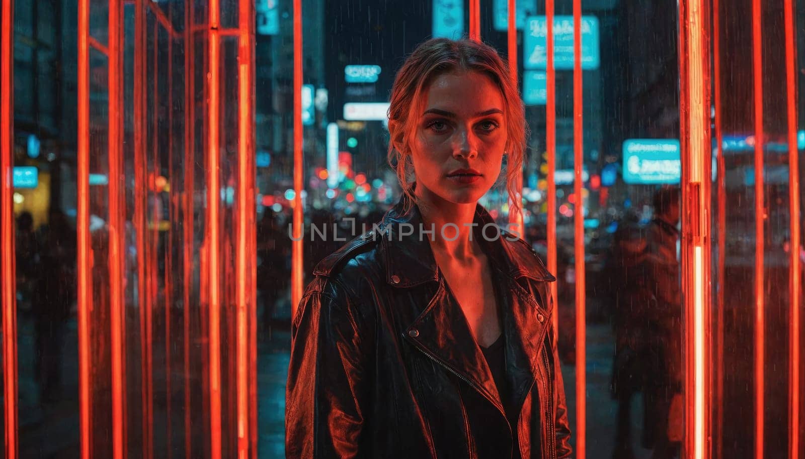 A woman with light brown hair is wearing a black leather jacket and standing in a city street. She is looking at the camera with a serious expression.