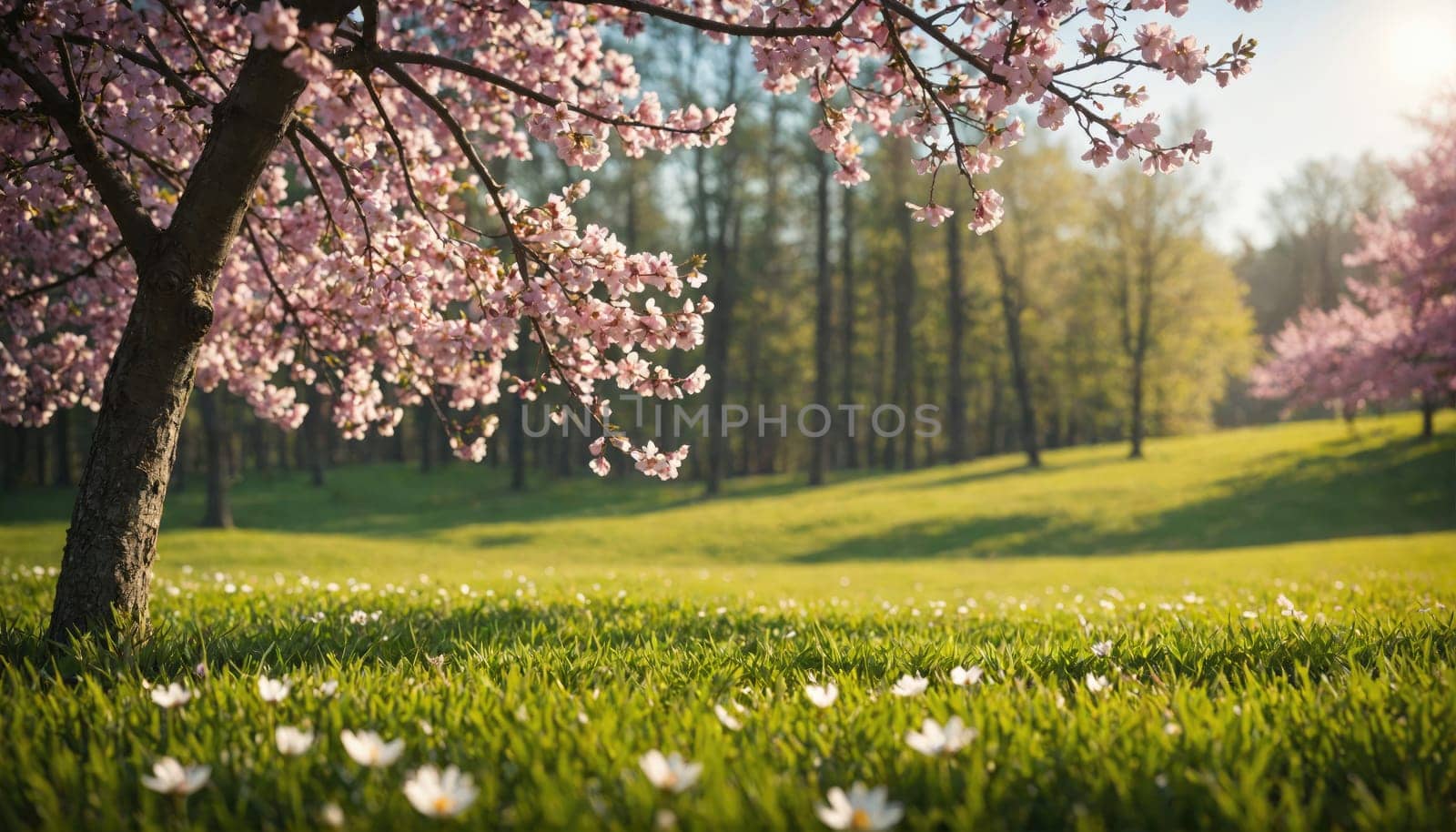 A cherry blossom tree with pink flowers is in the foreground, with a green grassy field in the middle ground and a forest in the background. The sun is shining and the day is clear.