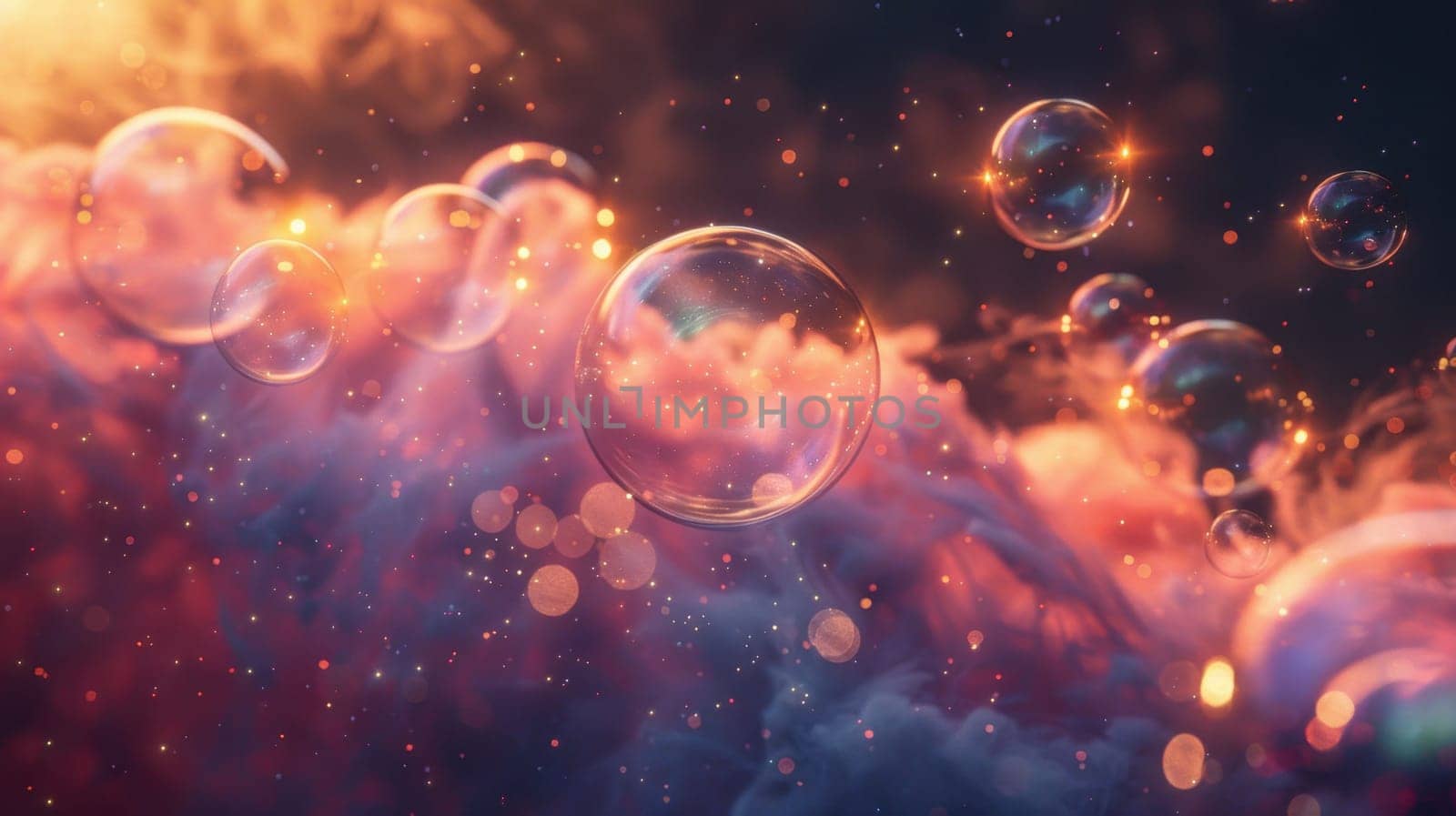 soap bubbles on a dark background. Mesmerizing balloons filled with night air with shimmering surface.