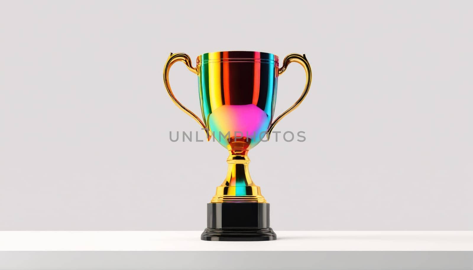 A trophy with gold handles and a black base sits on a white surface. The trophy is made of gold and has a rainbow iridescent finish.