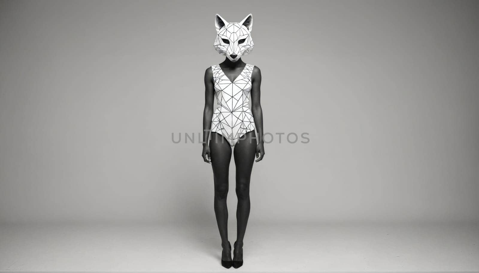A woman with a fox mask poses in a white bodysuit with a geometric print. The bodysuit is made of a thin, stretchy material and has a low neckline and a high leg cut.