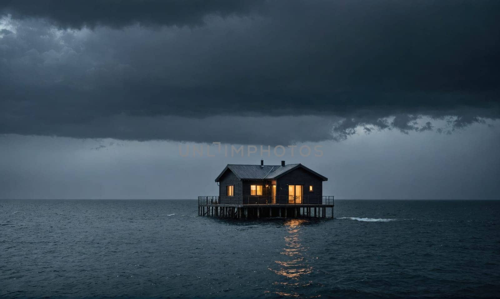 A small wooden house with windows emitting a warm yellow light sits on a pier in the middle of a dark, calm body of water, with a large dark cloud looming above.