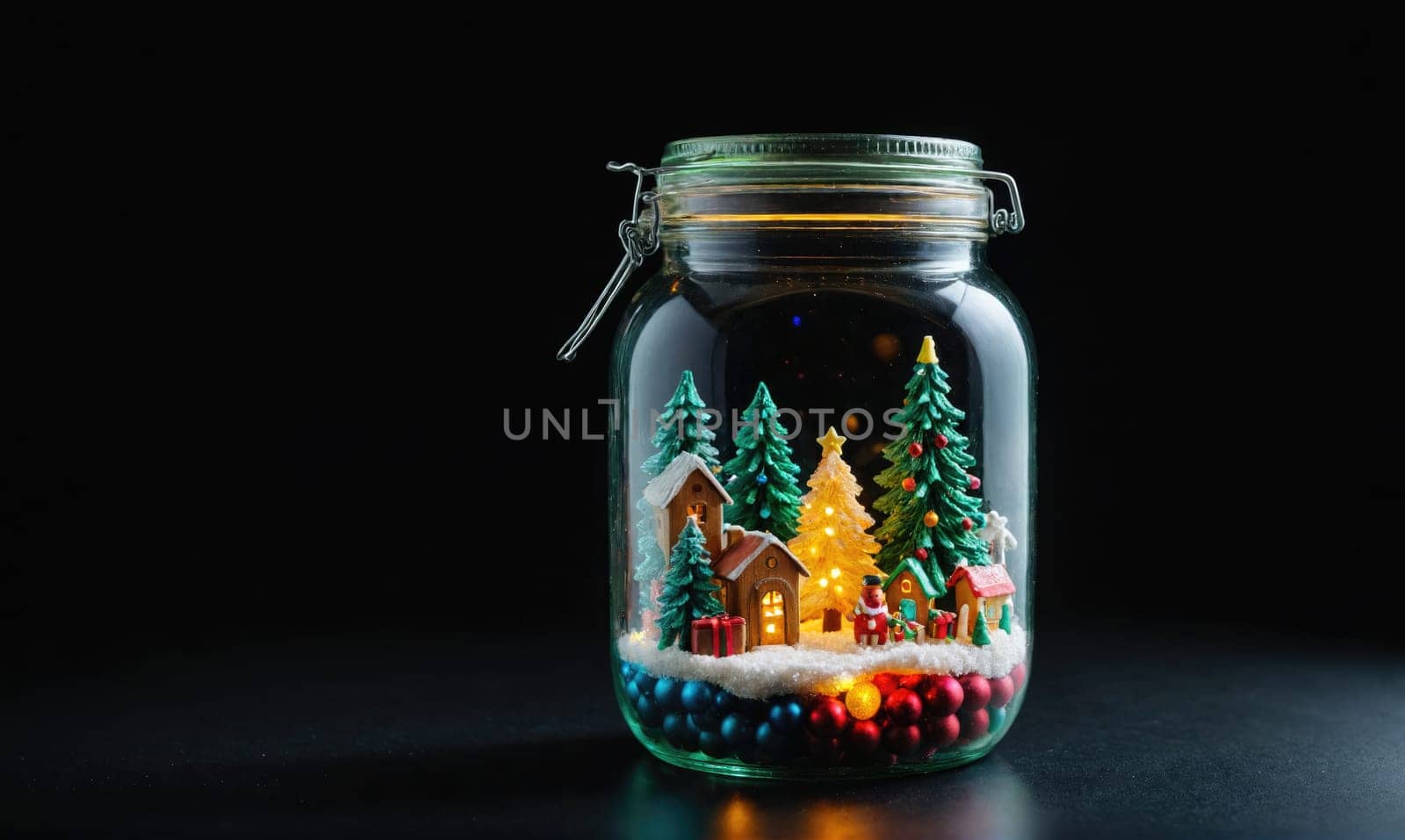 A glass jar with a metal lid contains a miniature winter village. The village includes small houses, snow-covered trees, and a lit-up Christmas tree.