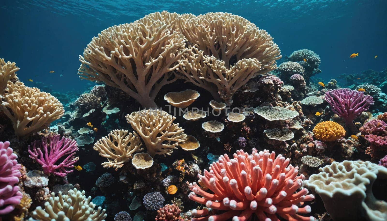 A colorful underwater scene with a variety of coral species, including branching, plate, and soft corals. There are also small fish swimming through the reef.