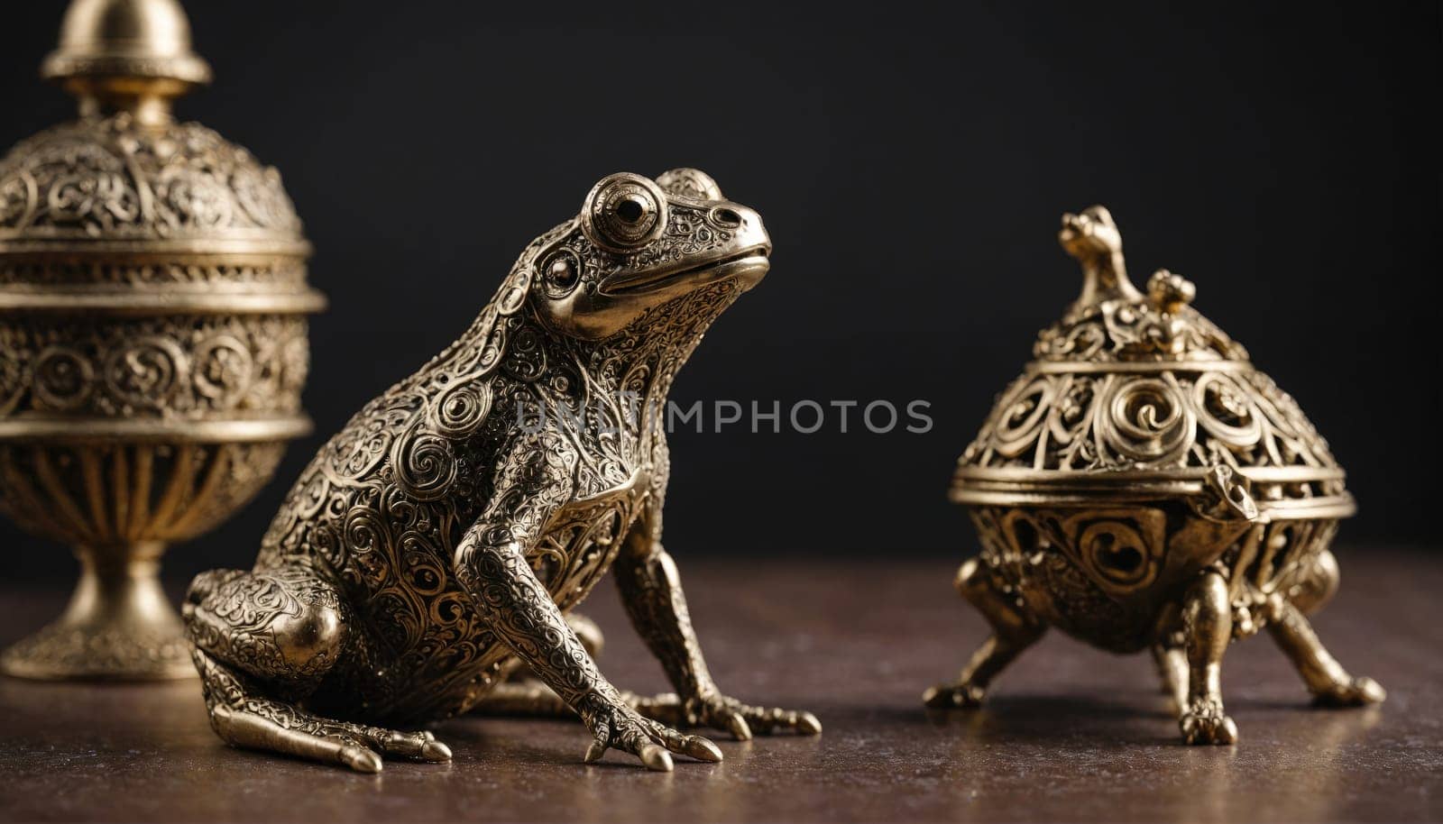 Two ornate golden containers and a golden frog figurine are arranged on a dark table. One container is round with a round lid, while the other container has a domed lid and is supported by three legs.