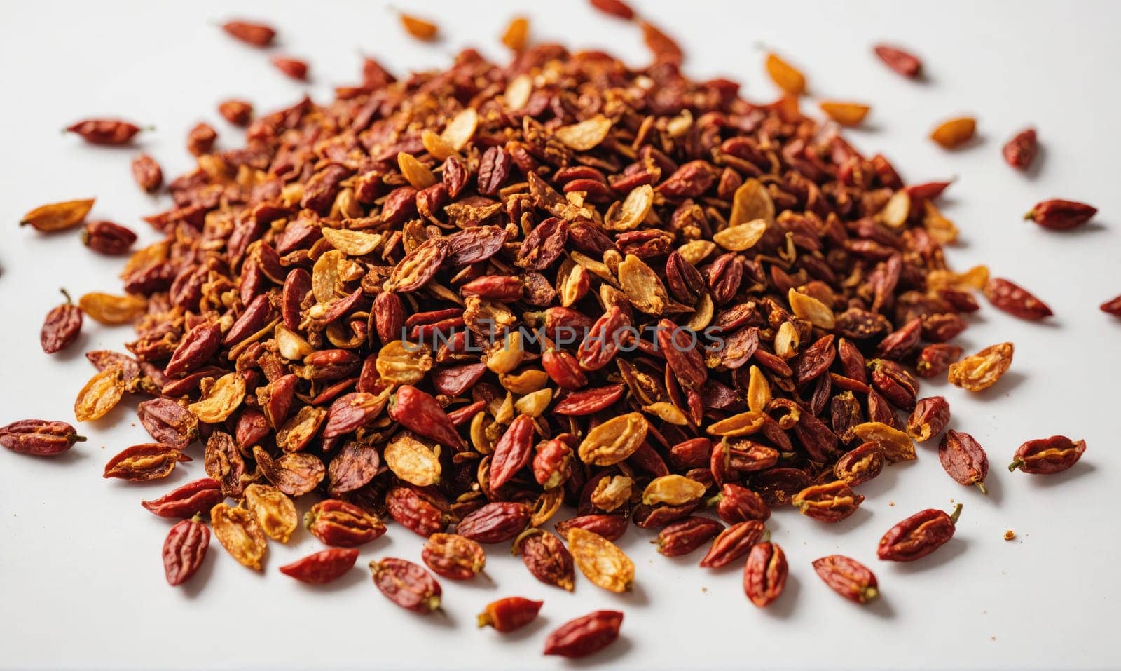 Dried red pepper flakes are scattered on a white surface. The flakes are a deep red color and have a slightly oily sheen. Some flakes are whole, while others are broken into smaller pieces.